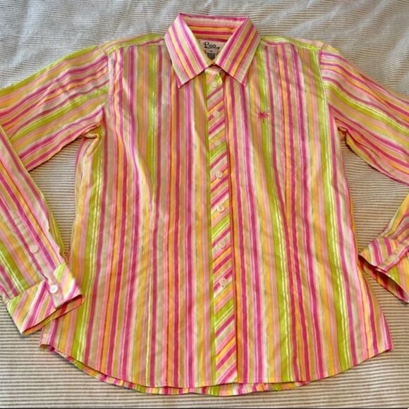Lilly Pulitzer Striped Button Down Cuffed Shirt Size 6 Hot Pink Green Vintage - Picture 15 of 17